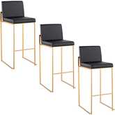 Fuji 30" High Back Bar Stool in Gold Steel & Black Leatherette (Set of 3)